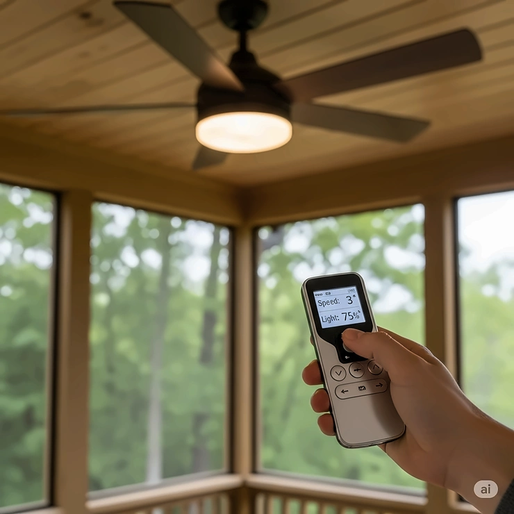 A person holding a remote control to adjust the speed and light of a ceiling fan installed on a screened-in porch, highlighting convenience.
