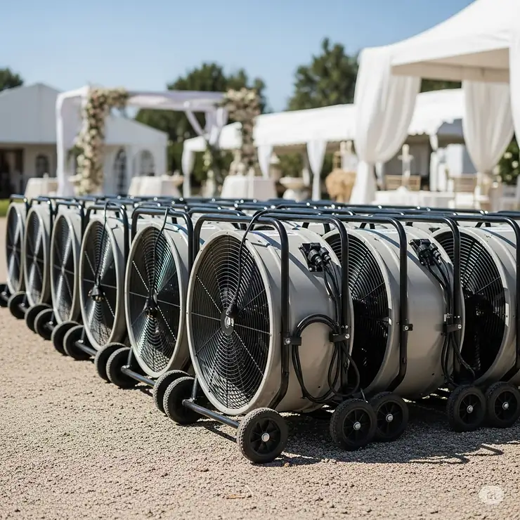A set of rental cooling fans ready for delivery and setup at an outdoor wedding or party.