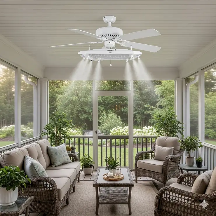 A residential misting ceiling fan mounted on a screened-in porch, helping to keep insects away while cooling the space.