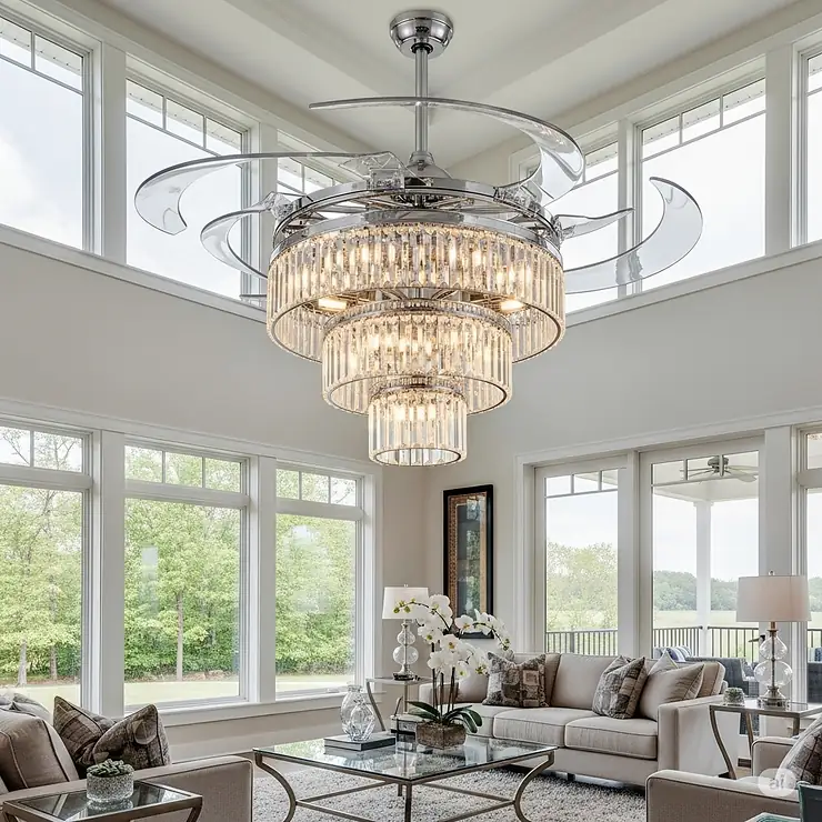 A unique ceiling fan with clear, retractable acrylic blades that fold back when not in use, making it look like a stylish chandelier in a living room.