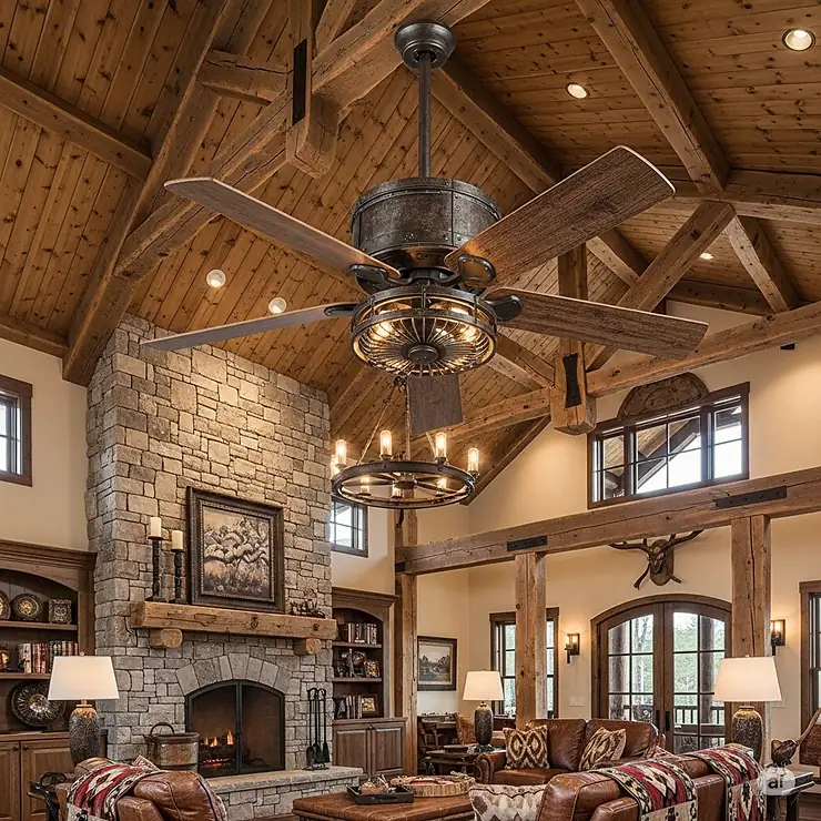A rustic, industrial-style exotic ceiling fan with distressed metal housing and wide, solid wood blades, installed in a lodge-style great room.