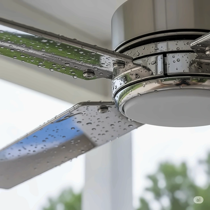 Close-up of a stainless steel blade on an outdoor ceiling fan, highlighting its rust-resistant and durable construction.