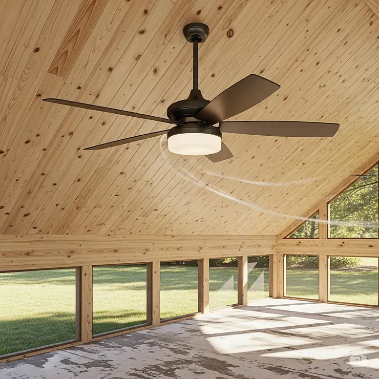 A stylish, damp-rated screen porch ceiling fan with an integrated light kit, hanging from a vaulted tongue-and-groove wood ceiling, providing a cool breeze on a sunny afternoon.