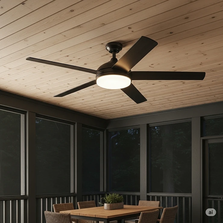 A modern screened porch ceiling fan featuring an energy-efficient LED light kit, perfect for illuminating the space during evening gatherings.
