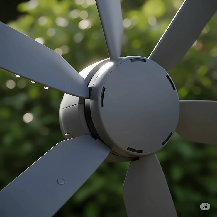 Close-up of a silent outdoor oscillating fan's motor and blades, highlighting its quiet operation for a peaceful patio.