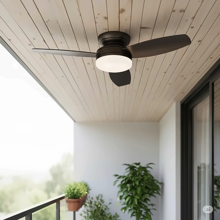 A compact, small-sized low profile outdoor ceiling fan suitable for narrow hallways or small balconies, showcasing its space-saving and unobtrusive form.