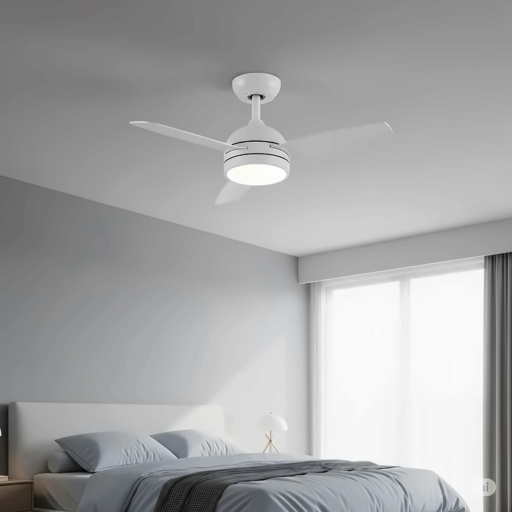 An example of a compact ceiling fan suitable for a smaller master bedroom, ensuring proper air circulation without overwhelming the space.