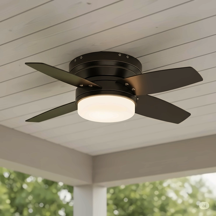 Image depicting a compact low profile outdoor ceiling fan with light, perfect for smaller outdoor areas like balconies or porches where space is limited.
