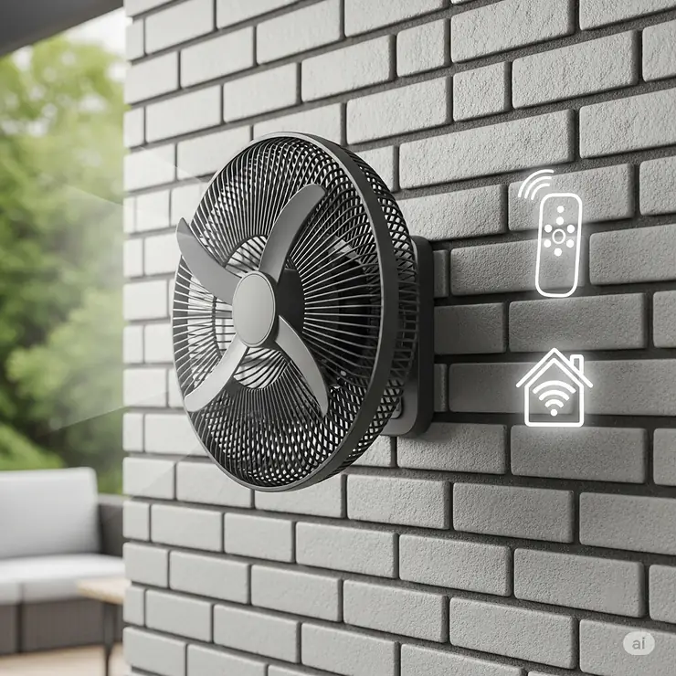 Illustration of a smart outdoor patio wall mount oscillating fan with remote control and smart home integration options.