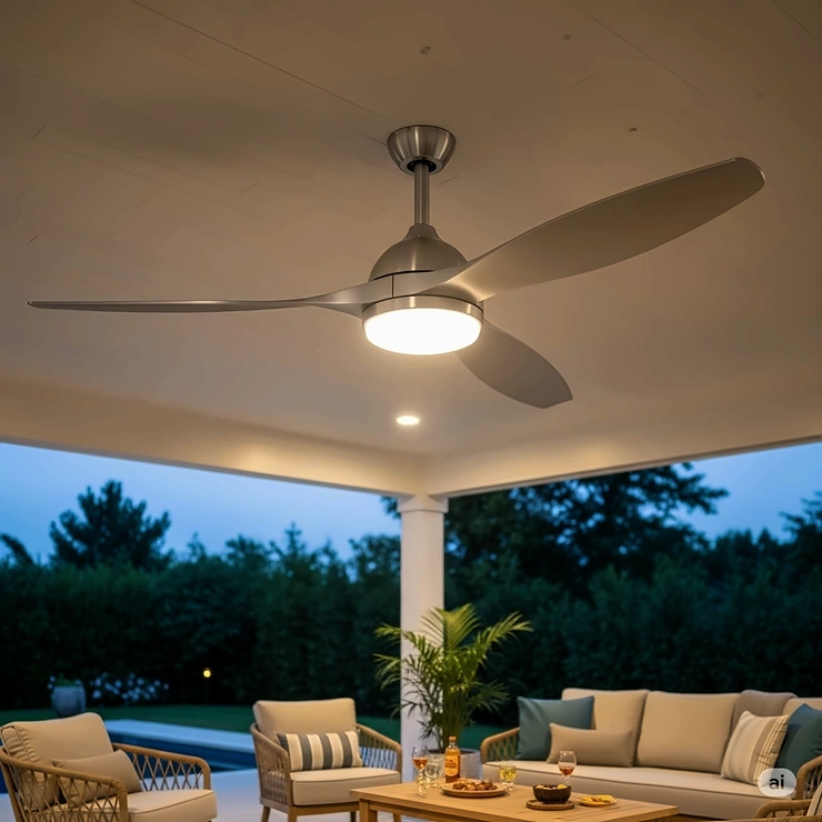A sleek, modern stainless steel ceiling fan with LED lighting installed on a covered outdoor patio, providing a cool breeze and ambient light. stainless steel outdoor ceiling fans