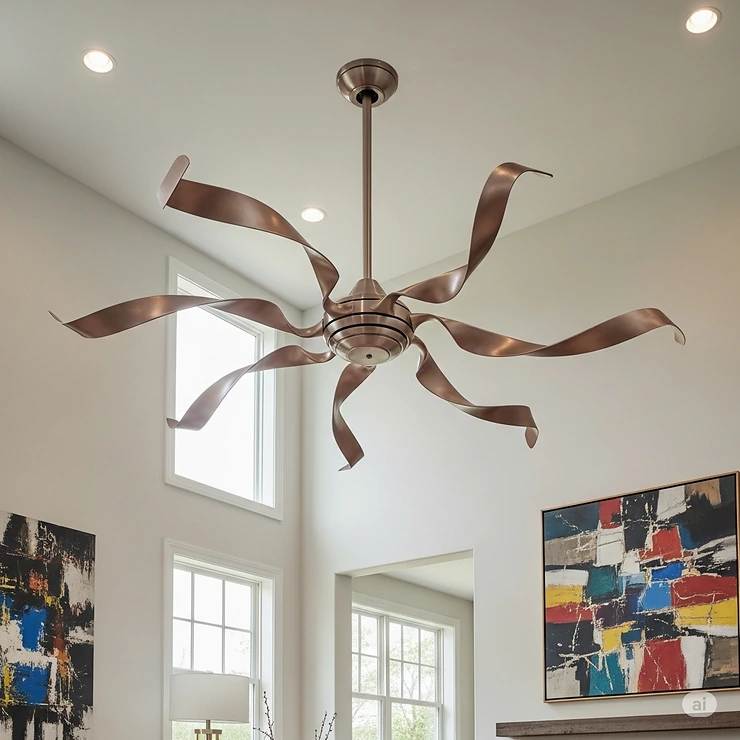 A truly unique ceiling fan with an unusual, sculptural blade design, perfect for adding a strange and stylish flair to a modern living room.