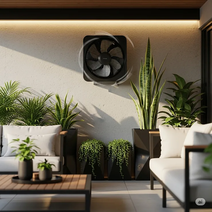 A stylish quiet outdoor patio wall mount oscillating fan blending perfectly into a modern patio decor.