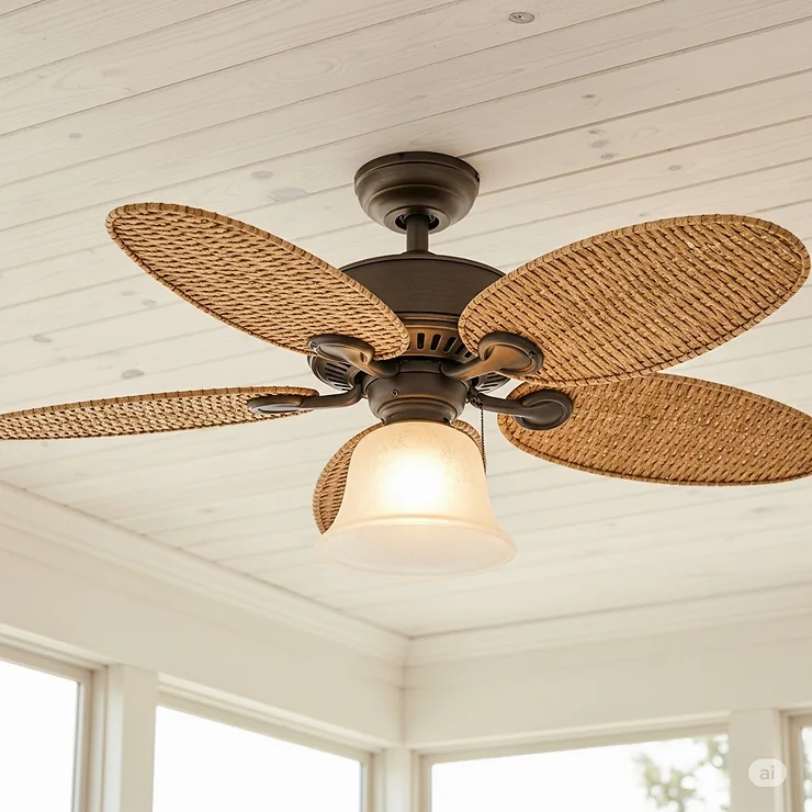 A tropical-style ceiling fan featuring blades made of woven bamboo and a light fixture, perfect for a sunroom or patio.