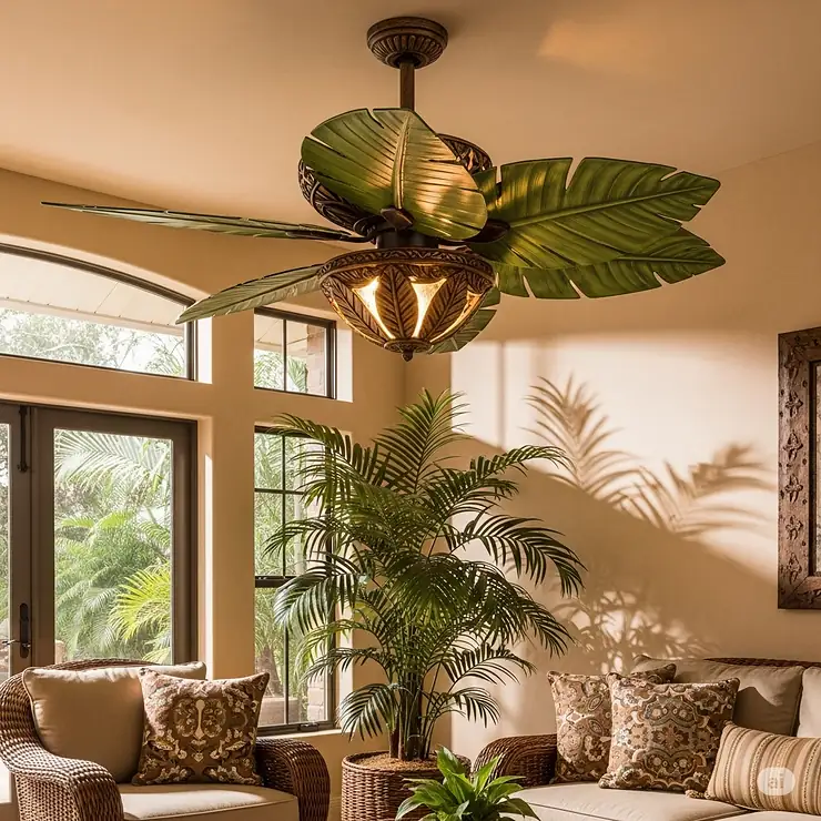 A decorative ceiling fan with blades shaped like large tropical leaves, bringing a relaxed, natural, and exotic feel to a living room's decor.