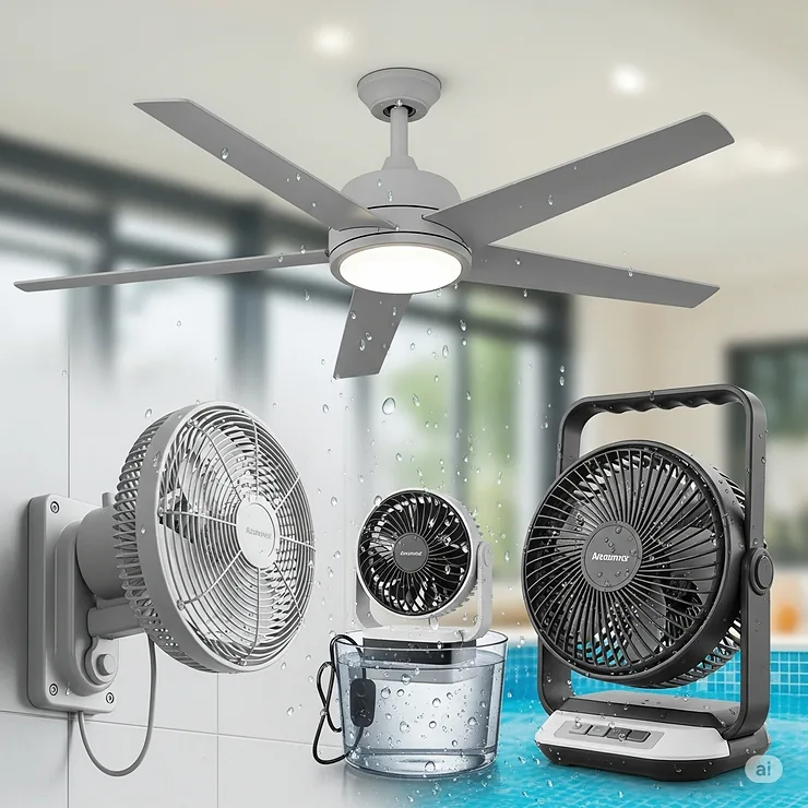 A collection of different waterproof fan styles, including ceiling fans, wall-mounted fans, and portable fans, suitable for various applications.