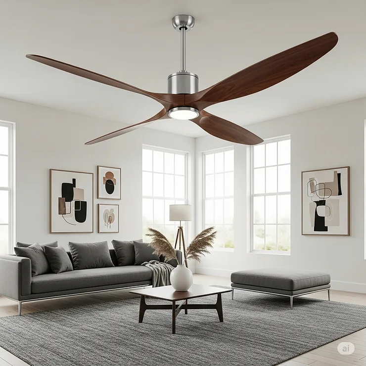 A modern, artistic ceiling fan with sleek, sculptural blades hangs in a stylish living room with contemporary furniture, creating both a functional and beautiful focal point. unique ceiling fans for living room