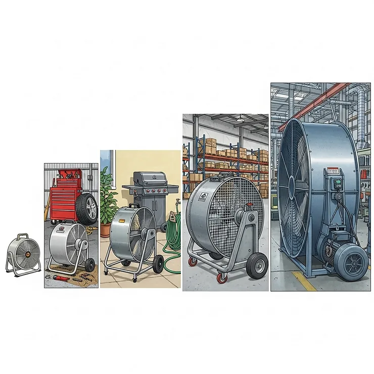 An illustration showcasing a variety of drum fan sizes, from a small, portable model suitable for a garage to a large industrial-sized fan for commercial applications.
