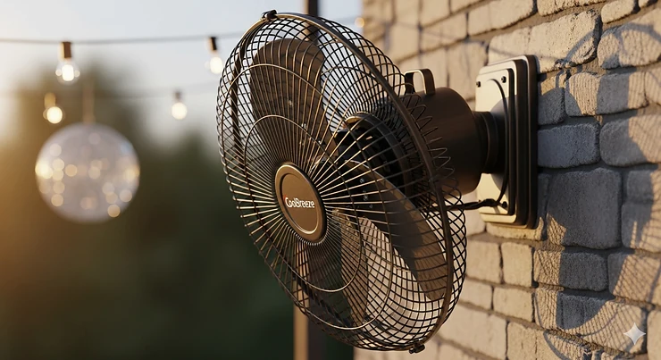 A 30-inch wall-mounted outdoor fan with a tilting head, ideal for directing airflow exactly where it's needed in an outdoor living space.