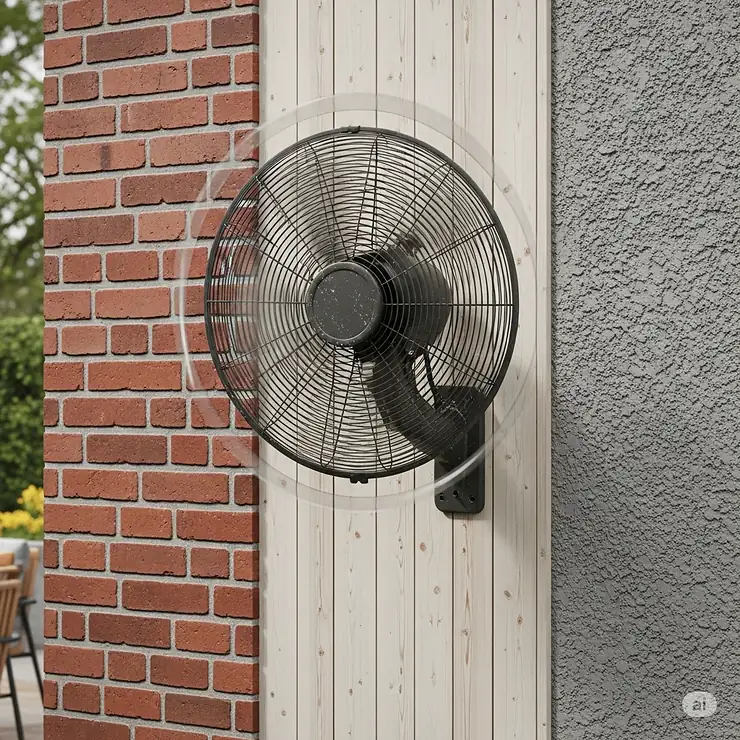 Versatile wall mount oscillating fan seamlessly installed on various outdoor patio surfaces like brick, wood, and stucco.