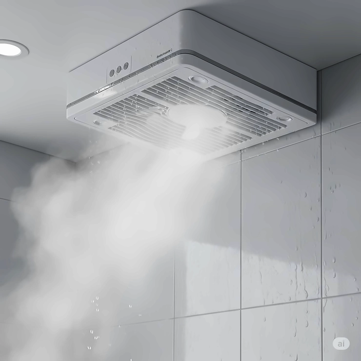 An efficient waterproof fan installed high on a bathroom wall, effectively removing moisture and steam from a steamy shower.