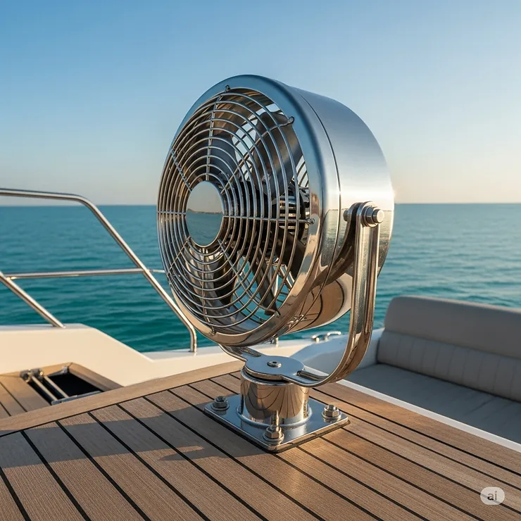 A sleek, marine-grade waterproof fan is mounted on the deck of a boat, circulating air for comfort on the water.