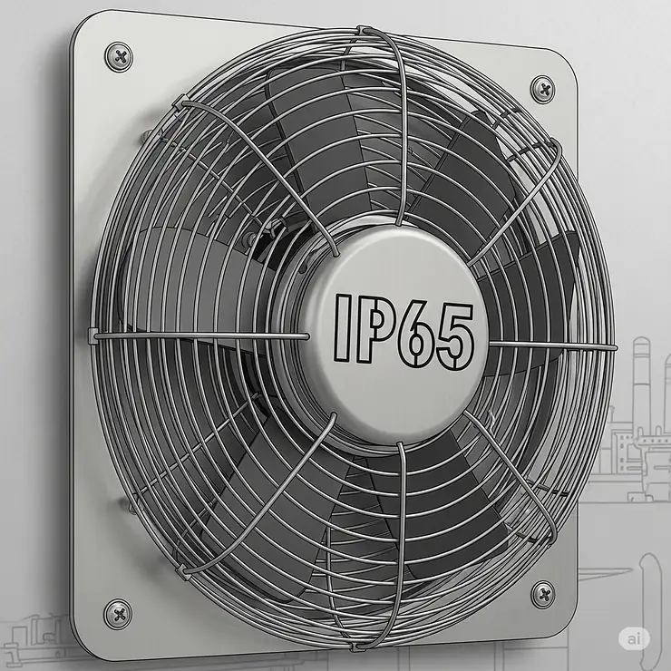 An illustration of a waterproof fan with a prominent "IP65" label, highlighting its certified protection against water jets and dust.