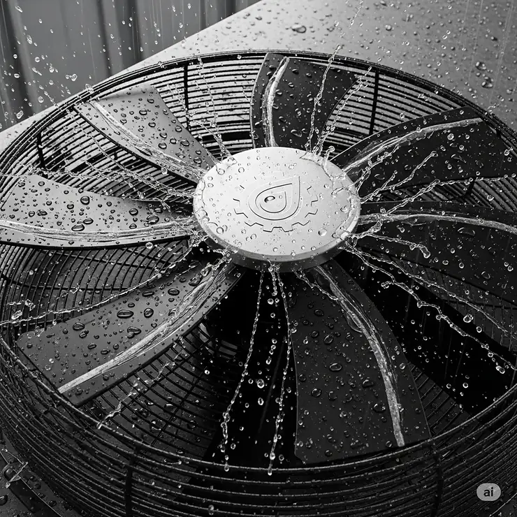 A close-up view of a waterproof fan with raindrops beading off its blades, demonstrating its resistance to the elements.