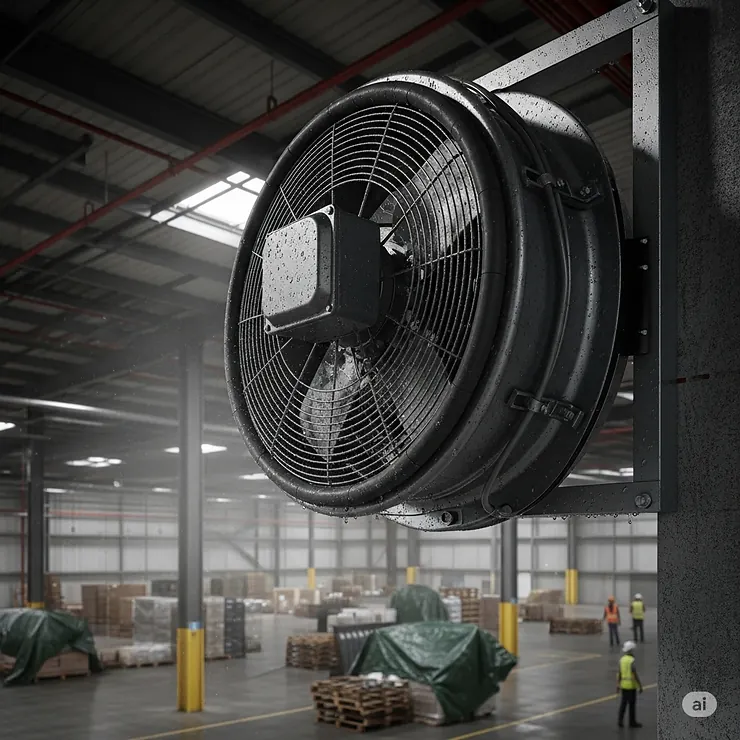 A rugged, heavy-duty waterproof fan is installed in a humid warehouse, ensuring proper air circulation and worker comfort in a wet environment.