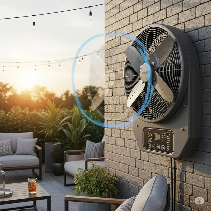 A high-quality, full-view image of a black waterproof outdoor oscillating wall fan installed on a patio, showing its durable construction and wide oscillation arc. This fan is designed to provide powerful airflow and withstand the elements in any outdoor space. waterproof outdoor oscillating fans wall mount