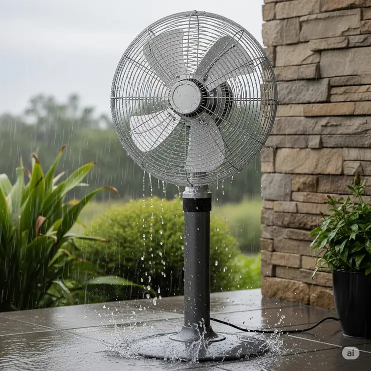 A waterproof outdoor pedestal fan with a sealed motor, highlighting its durability against rain and splashes.