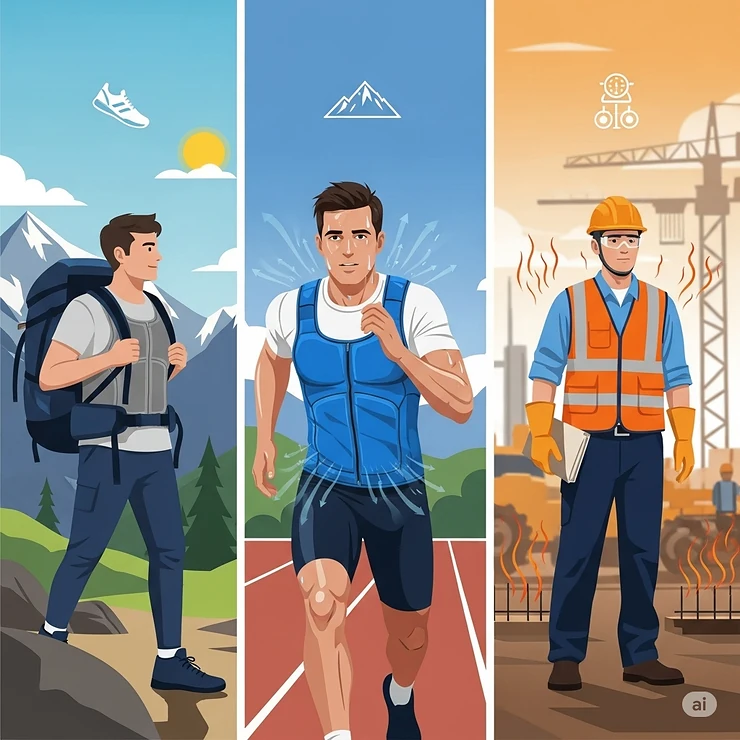 An illustration of a person wearing a cooling vest, highlighting its use in sports, outdoor activities, and for occupational safety in hot environments.