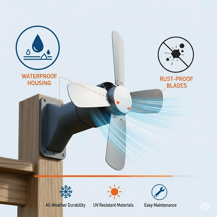 An infographic highlighting the durable, weather-resistant features of a high-quality deck fan, such as its waterproof housing and rust-proof blades.