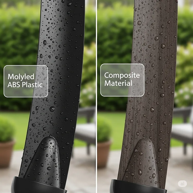 A display of different blade materials, such as ABS plastic or composite, used for wet-rated outdoor ceiling fans, emphasizing their resistance to moisture.