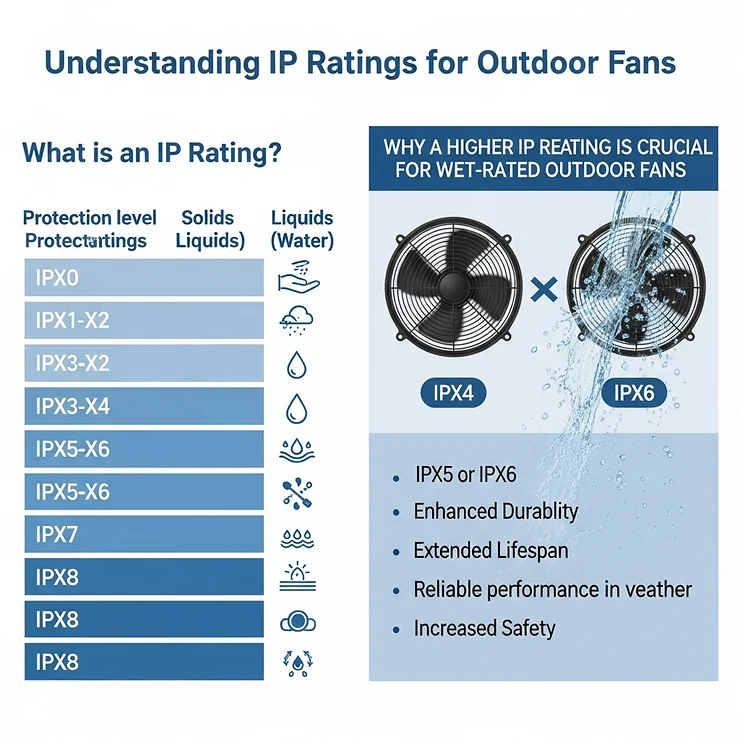 An informational chart explaining the different IP (Ingress Protection) ratings and why a higher IP rating is crucial for wet-rated outdoor fans.