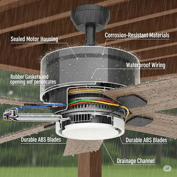 An image demonstrating how a wet-rated outdoor ceiling fan is designed to withstand direct contact with rain and moisture.