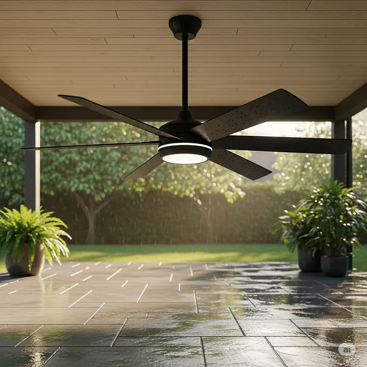 A stylish, black, wet-rated outdoor ceiling fan installed on a covered patio, highlighting its suitability for damp and wet outdoor areas.