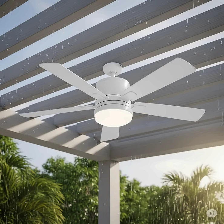 A durable, wet-rated white ceiling fan specifically designed for outdoor spaces like pergolas or lanais that are exposed to direct rain and moisture.