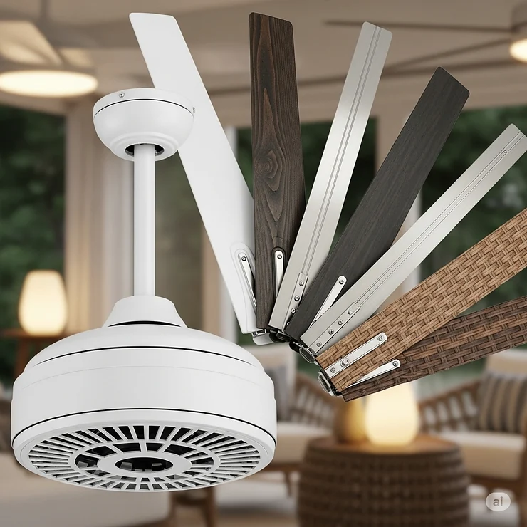 A white outdoor ceiling fan is displayed with different blade options, showcasing the versatility and customizable style choices for various outdoor decors.