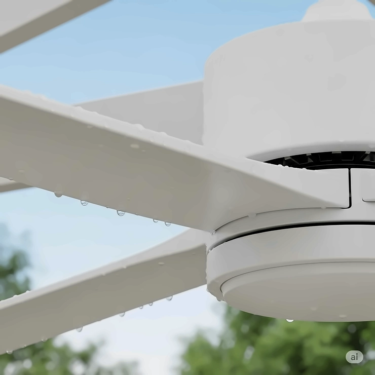 A close-up view of the smooth, white blades of a weatherproof outdoor ceiling fan, designed to withstand the elements.