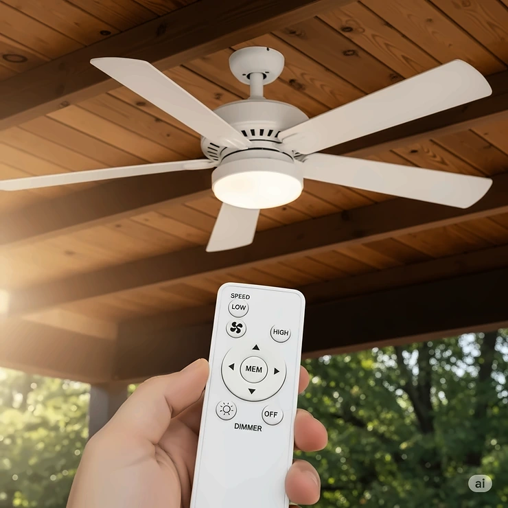 A white outdoor ceiling fan is shown with its accompanying remote control, highlighting the convenience of adjusting speed and light settings from a distance.