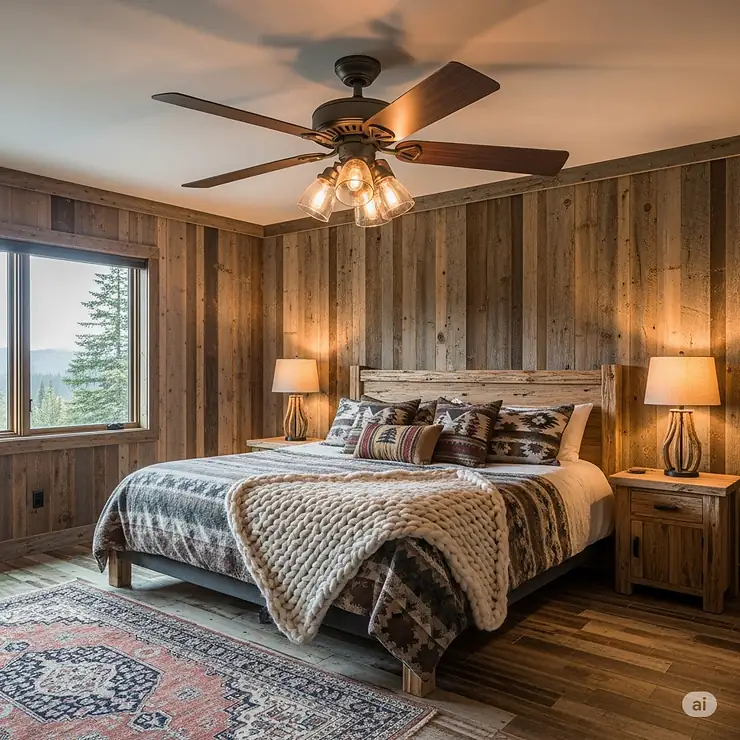 A rustic master bedroom featuring a ceiling fan with dark wood blades, adding warmth and natural texture to the space.
