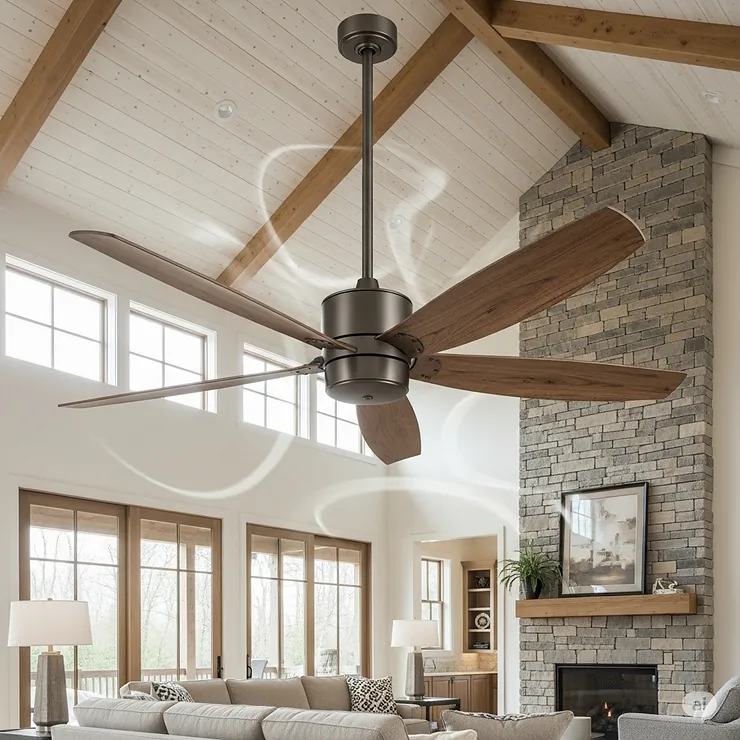 An elegant ceiling fan with hand-carved natural wood blades and a minimalist motor housing, perfect for adding a rustic yet modern touch to a living room.