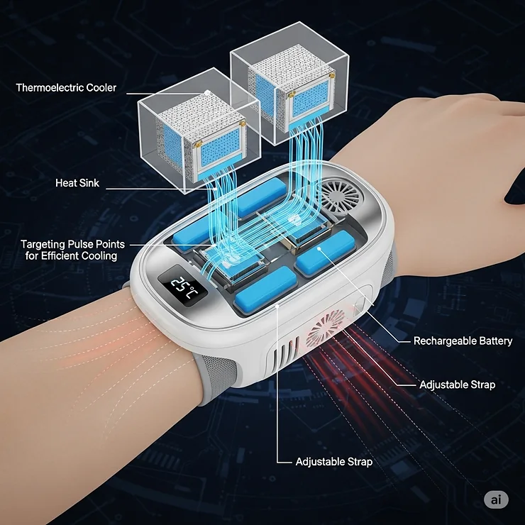 A detailed illustration of a wrist-worn cooling device, demonstrating how it targets pulse points for effective body temperature regulation.