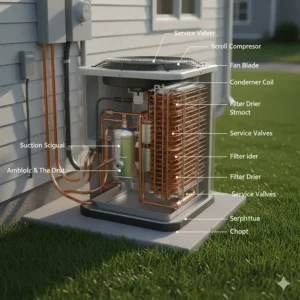 A cutaway view or diagram of the main components, including the scroll compressor, inside a 14 SEER air conditioner condenser.