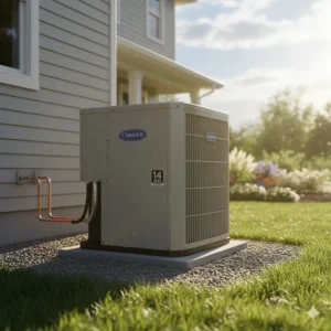 A picture of a self-contained 14 SEER packaged air conditioner unit typically installed on a roof or slab for commercial or residential use.