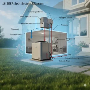 Diagram showing the split system components of a 16 SEER air conditioner, including the indoor coil and outdoor condenser.