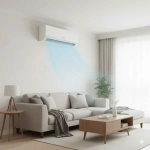 16 SEER ductless mini-split indoor wall unit providing zoned cooling in a living room.