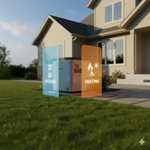 A specific 16 SEER heat pump model, highlighting its dual heating and cooling capabilities.