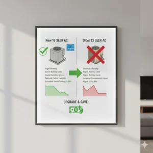 Graphic comparison chart showing the improved energy efficiency of a 16 SEER unit versus an older, lower-rated AC system.
