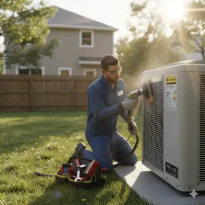 Technician performing routine maintenance on a 2 ton air conditioner for optimal performance.